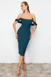 Emerald Green Fitted Corset Detailed Woven Elegant Evening Dress