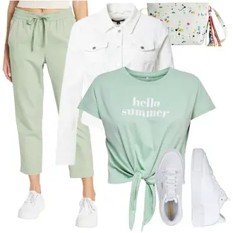 Große Größen Outfit mit Weiß/Creme Shirtjacke/Jeansjacke/Frühlingsjacke/Kurze Jeansjacke/Crop Jacke/Sommerjacke/Kurzjacke/Bluse Große Größe Comma "Sommerliches Freizeit Outfit"