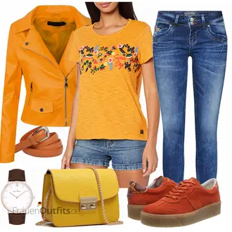 Outfit mit Gelb/Orange Motorradjacke/Jacke mit Seitlichem Reißverschluss/KunstLederjacke/Bikerjacke Rock Creek Selection "Freizeit Outfit"