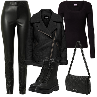 Steppung Outfit mit Schwarz/Dunkelgrau Wachsjacke/KunstLederjacke/Lederjacke/Motorradjacke/Jacke mit Seitlichem Reißverschluss/Bikerjacke Only "Schwarzer Alltagslook"