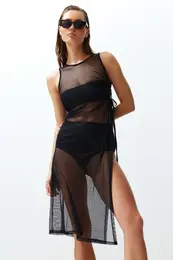Black Fitted Maxi Knitted Cut Out/Window Mesh Beach Dress