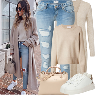 Na Procházku Outfit s Béžová/Hnědá/Khaki Pletenina veľkej veľkosti Vila, Světle modrá/Modrá Kožená bunda/Džíny s Rozparkem/Kotníková Bota/Push up Džín/Kožené bundy/Džíny s Dírou/Džíny s Nízkým Sedem Only, Béžová/Krémová/Hnědá/Bílá Kožené tenisky/Letní tenisky/Teniska na platformě/Nízká Teniska/Úzká teniska Guess "Jarní Outfit"Look: Na Procházku, Volný čas, Jízda na koni, Skating, Baseball, Bruslení