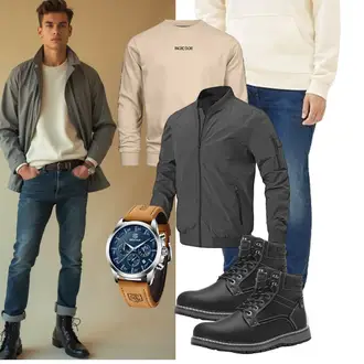 Stehkragen Outfit mit Dunkelgrau/Hellgrau/Grau Jacke mit Seitlichem Reißverschluss/Uniformjacke donhobo "Freizeit Outfit"