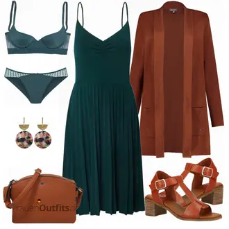 Outfit mit Dunkelgrün/Grün/Türkis Kleid Große Größe/Jerseykleid/Trägerkleid/Plissee Kleid/Spaghettiträger Kleid/Midikleid/Wadenlanges Kleid About You "Schöner Sommer Look"