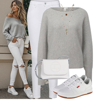 Outfit met Lichtgrijs/wit/grijs/Crème Skateschoen/Smalle sneaker/Leren sneaker/Zomer sneaker levi's "Modieuze lente-outfit"
