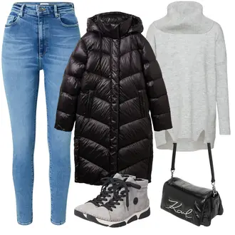 Outfit mit Schwarz/Grau Daunenmantel/Langer Daunenmantel/Langer Wintermantel/Wintermantel Tom Tailor "Puffer Look"