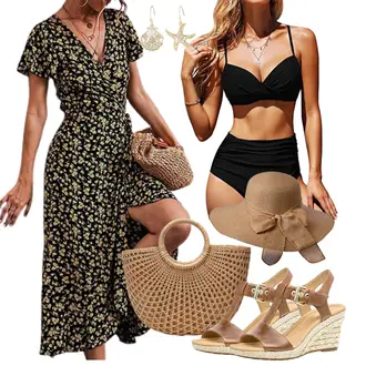 Elegant Lang Outfit mit Grün/Dunkelgrün/Braun/Gelb Boho Kleid Sommer/Geblümte Kleid/Strandkleid/Langes Sommerkleid/Wickelkleid Cocoarm "Strand Outfit"Look: Stil, A-linie, Schön, Büro, Attraktive, Elegant, Boyfriend, Jazz, Mom, Boho, Wilder Westen, Outdoor, Cowgirl, Französische, Romantisch