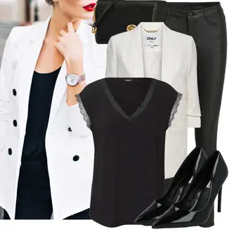 Elegante Outfits mit Schwarz/Weiß Lederjacke/Lederimitathose/Lederlegging/Leggings Lederoptik/Lederhose/Skinny Hose/Treggings/Biker Jeans/Thermojeans Vila "Eleganter Look"