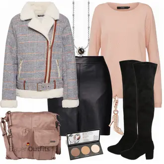 Elegant Outfit mit Schwarz Overknee Stiefel/Flache Overknee Stiefel/Kniehoher Stiefel/Leder Overknee Stiefel/Langer Stiefel About You "Fashion Union Jacke"Look: Uni, 20er Jahre, Casual, Edel, Coole, Elegant, Overdressed, Oversize, Schlichte