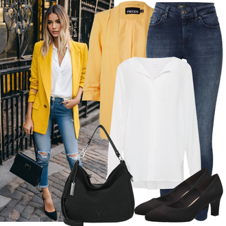 Outfit mit Gelb/Orange Lederjacke/Lederjacke für Männer/Boyfriend Blazer/Kurzblazer/Eleganter Blazer/Longblazer/Oversize Blazer/Blazerjacke/Blusenblazer Pieces "Modisches Freizeit Outfit"