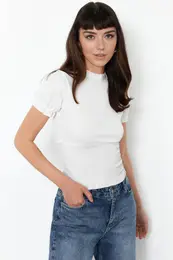 White Elastic Stand Collar Wrapped/Textured Stretch Knitted Blouse