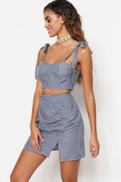 Gingham Woven Slit Blouse and Skirt Set
