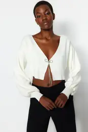 Ecru Super Crop osnovna pletenina Cardigan