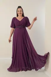 By Sayg Plus Size dolga obleka Chiffon z V-vratom sprednji obleeni pas in podloen spredaj zadaj