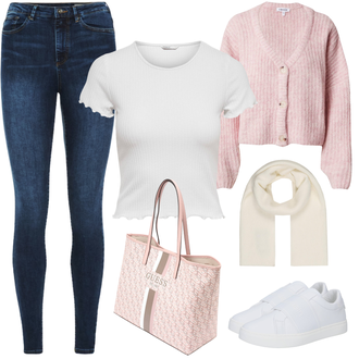 Outfit mit Grau/Creme/Rosa/Silber/Lila/Weiß Bluse Große Größe/Shirt & Top Große Größe/Basic Top/Men's Running Shoes/Cropped Shirt/Crop Top/Strickshirt/Mesh shirt/Kurzarm T-Shirt/Kurzes Oberteil Only "Rosa Alltagsoutfit"
