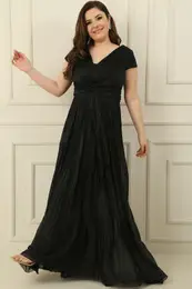By Sayg V-Neck Waist And Front Draped Lined Pleated Silvery Long Crepe Dress
