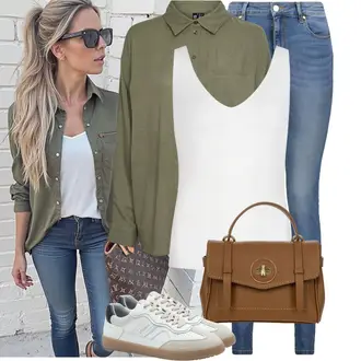 Outfit met beige/Crème/wit/Khaki Leren sneaker/Vintage Sneaker/Skateschoen/Smalle sneaker/Lage Sneaker S.Oliver "Modieuze lente-outfit"