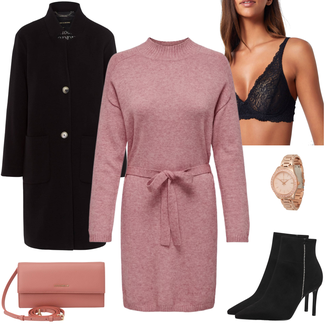 Outfit mit Rosa/Rot/Lila Strickkleid/Poncho & Kimono Morgenmantel/Wickelstrickjacke/Winter Strickkleid/Pulloverkleid/Langärmliges Winterkleid Only "Verspielter Abendlook"