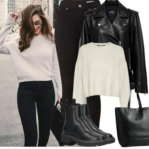 Comment poter Noir/Blanc Veste de Motard/Veste en Simili Cuir/Veste avec Zip Latéral/Veste en Cuir/Veste de Moto/Vintage Veste en Cuir Only avec Noir/Bourgogne Pantalon Legging Taille Haute/Pantalon Taille Haute/Pantalon Push-up/Treggings/Pantalon Moulant/Jeggings/Jean Motard/Veste d'Hiver/Chaussures en Cuir/Jean Push-up/Jean Taille Haute/Jeans Thermiques VERO MODA