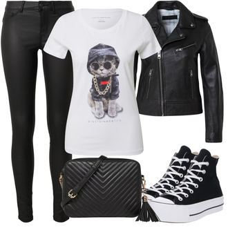 Outfit mit Schwarz/Braun/Creme/Weiß Mantel/Bikerjacke/KunstLederjacke/Lederjacke/Motorradjacke Oakwood "Perfekt für die Freizeit"