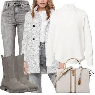Wasserfall-Ausschnitt Outfit mit Grau/Braun/Beige Bouclé Mantel/Strickfleece Mantel/Strickmantel/Wollfleece Mantel/Wintermantel Wollmantel Only "Elegantes Business Outfit"