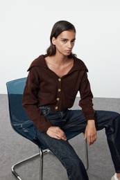 Brown Crop Wide Pattern Soft Texture Turn-down Collar Knitwear Cardigan