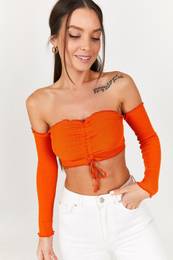 Women's Orange Front Gathered Long Sleeve Bustier