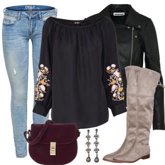 Outfit mit Schwarz/Dunkelgrün Mantel/Bikerjacke/KunstLederjacke/Lederjacke/Motorradjacke Noisy may "GirlPower"