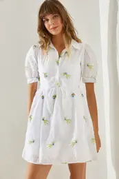 Women's Patterned Shirt Collar Scalloped Dress