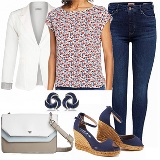 Jeans Outfit mit Rosa/Weiß/Mischfarben/Rot/Lila/Braun Verspielte Bluse/Crash­Bluse/Gemusterte Bluse/KurzarmBluse/Bluse Oberteil/DruckBluse Tom Tailor Denim "Tom Tailor Beauty"