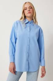 Happiness stanbul Women's Blue Cotton Oversize Long Shirt