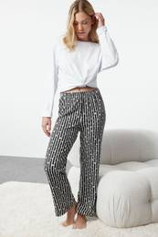 Black Cotton Striped Knitted Pajama Bottoms