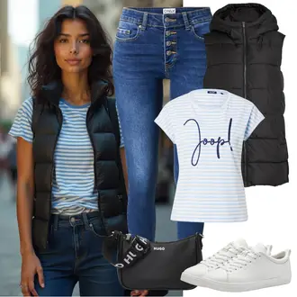 Jednobojno Outfit sa Crna Pufnasti Prsluk/Dugi Prsluk/Kratki Prsluk/Prošiveni Prsluk/Prsluk bez Rukava/Donji Prsluk Vila "Cool proljetni look"