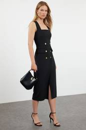 Black Button Detailed Midi Double Breasted Skirt Closure Pencil Skirt Woven Dress