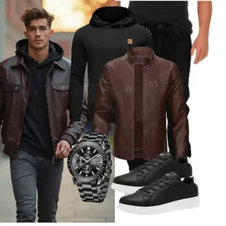 Outfit mit Dunkelbraun/Braun/Dunkelrot/Bordeaux/Grau Motorradjacke/Reitjacke/Vintage Lederjacke/Leder Bomberjacke/Jacke mit Seitlichem Reißverschluss/Kunstlederjacke Sliktaa "Freizeit Outfit"