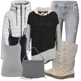 Outfit mit Grau/Dunkelgrau/Schwarz Ausgefallener Hoodie/Strick Hoodie/2-in-1 Pullover/Kapuzenpullover/Kapuzenpullover/Wickel Pullover wallis petite "Perfekt für die Freizeit"
