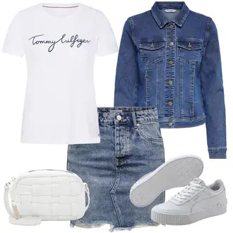 Outfit mit Rot/Blau/Rosa/Grün Damen 7/8-Länge Jeans/Ankle Boot/Caprijeans/Cropped Jeans/Low Waist Jean/Push up Jeans/Lederjacke/Bomberjacke/Federjacke/Jacke Mit 3/4 Ärmel/Frühlingsjacke/Sommerjacke/Vintage Jacke/Bluse Große Größe/Parka große Größe/Sweatmode Tommy Hilfiger "Frühlings Outfit"