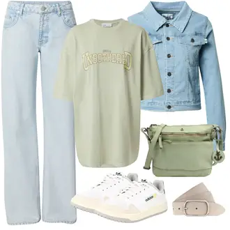 Outfit Inspo 90er mit Hellblau/Blau Bluse Große Größe/Kurze Jeansjacke Urban Classics "Feines Outfit Inspo"Look: Classic, Uni, 90er, Coole, Mom, Schön, Workwear