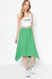 Green Ruffle Asymmetrical High Waist Midi Stretch Knitted Skirt