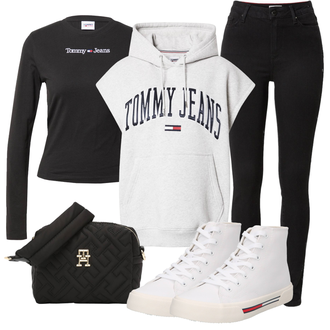Outfit mit Schwarz Lederjacke/Biker Jeans/High Waist Jeans/Push up Jeans/Leder Schuhe/Thermojeans/Winterjacke Tommy Hilfiger "Freizeit Bekleidung"
