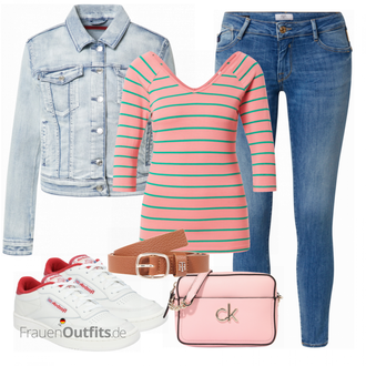 Outfit mit Blau/Hellblau Lederjacke/Damen 7/8-Länge Jeans/Biker Jeans/Jeans mit Schlitz/Jeans mit Loch/Low Rise Jean/Low Waist Jean/Push up Jeans/Slim Fit Jeans/Schlupfjeans/Leder Schuhe le temps des cerises "Freizeit Bekleidung"