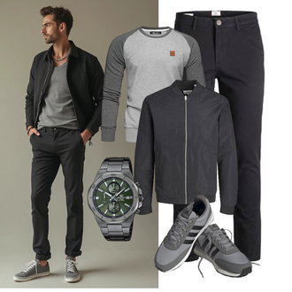 Stehkragen Outfit mit Dunkelgrau/Grau Kunstfaserjacke/Sommerjacke/Innenfutter Jacke/Frühlingsjacke/Reflektierende Jacke/Nachhaltige Jacke/Funktionsjacke/Leichte Jacke/Nylonjacke/Windbreaker Jacke Jack & Jones "Freizeit Outfit"