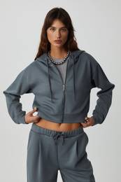JILL Women's Relaxed Fit Casual Fit Hooded Zippered Knitted Crop Dark Gray Sweatshirt
