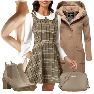 Outfit mit Braun/Beige Latzkleid/Tweed Kleid/Herbstkleid/Strapskleid/Flanell Kleid Allegra K "Perfekt Für Den Herbst"