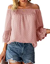 Damen Sommer Schulterfrei Spitze Locker Shirt Chiffon Oberteil Freizeit Bluse DE 