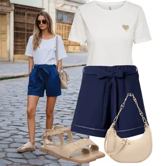 Outfit mit Dunkelblau/Blau Short Große Größe/Baggy Short/Bermuda/High Waist Shorts/Musselin Shorts/Paperbag-Shorts/Kurze Hose About You "Cooles Alltagsoutfit"