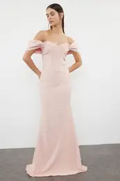 Powder Pearl Embroidered Shiny Stone Woven Long Evening Dress