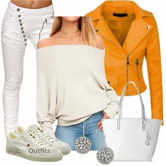 Outfit mit Gelb/Orange Motorradjacke/Jacke mit Seitlichem Reißverschluss/KunstLederjacke/Bikerjacke Rock Creek Selection "Auxo Damen Langarm"
