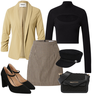 Outfit mit Braun/Beige/Dunkelbraun/Khaki Hahnentritt Rock/Tweed Rock Edited "Cooler Look für den Frühling"