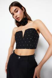 Black Crop Shiny Stone Woven Bustier
